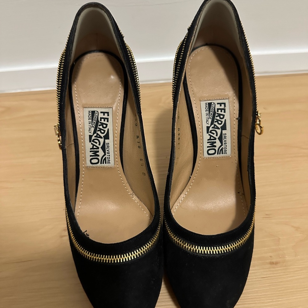 SALVATORE FERRAGAMO Black Suede Zip Platform Heels Made in Italy  size US6,5 - Picture 11 of 11